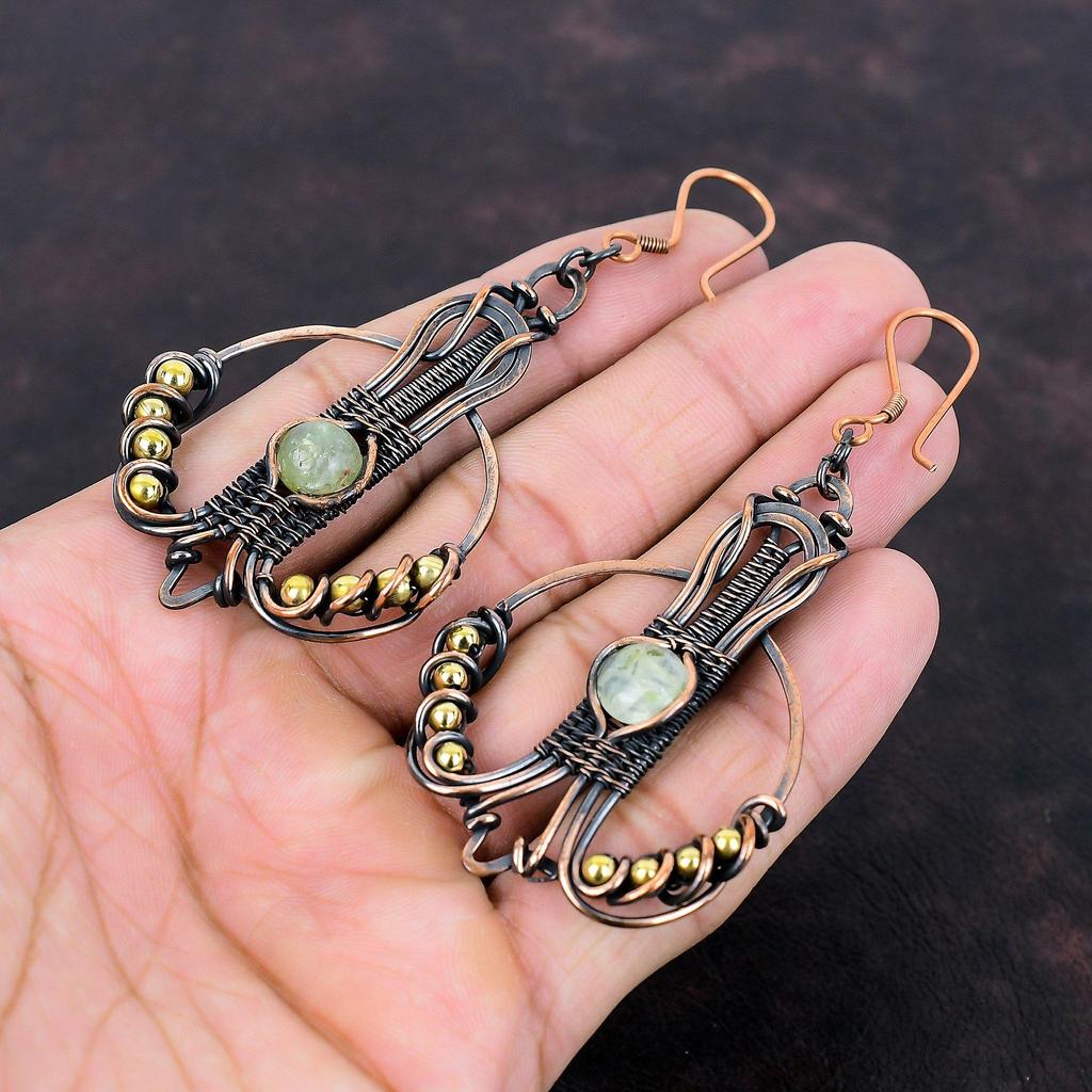 Cercei cu prehnit de mușchi, cercei înfășurați cu sârmă de cupru, bijuterii din cupru lucrate manual, cercei cu pietre prețioase, cercei stilați, bijuterii înfășurate cu sârmă, cadou de nuntă