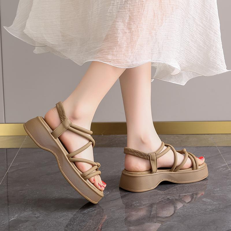 CRLAYDK Women's Summer 2024 Walking Sandals Ankle Elastic Strap Platform Casual Wedge Soft Leather Slides Open Toe Beach Shoes