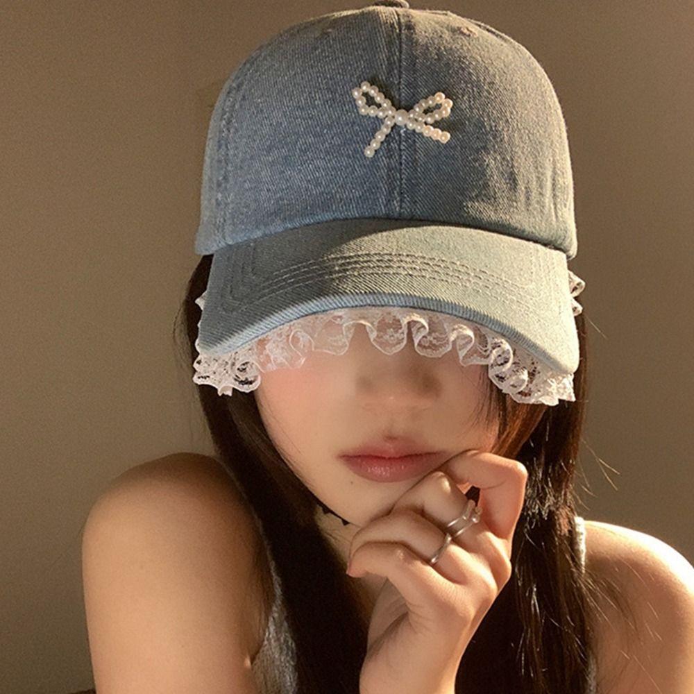 Lace Bowknot Baseball Hat Bowknot Peaked Cap Fashion Denim Hat  Outdoor