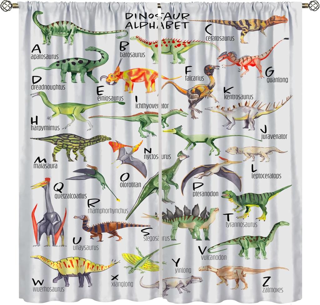 Boys Dinosaur Curtains, Cartoon Dino Kids Window Treatments For Boys Girls Children Nursery Living Room Bedroom, Colorful Safari