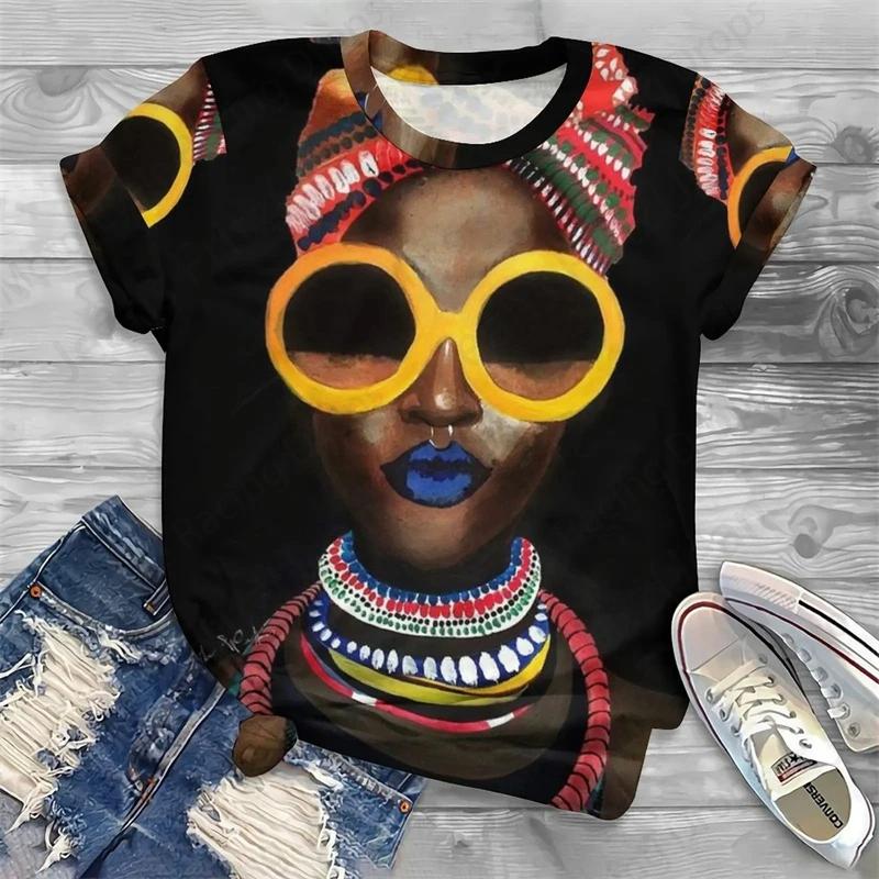 Summer Round Neck 3D African Art Print Top Fashionable Casual Short Sleeved Women's T-shirts