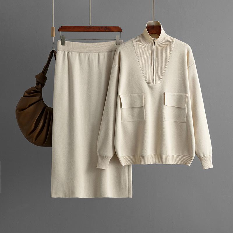 Autumn and Winter New Solid Color Lapel Half Zipper Knitted Top + Temperament Skirt Fashion Two-piece Trendy