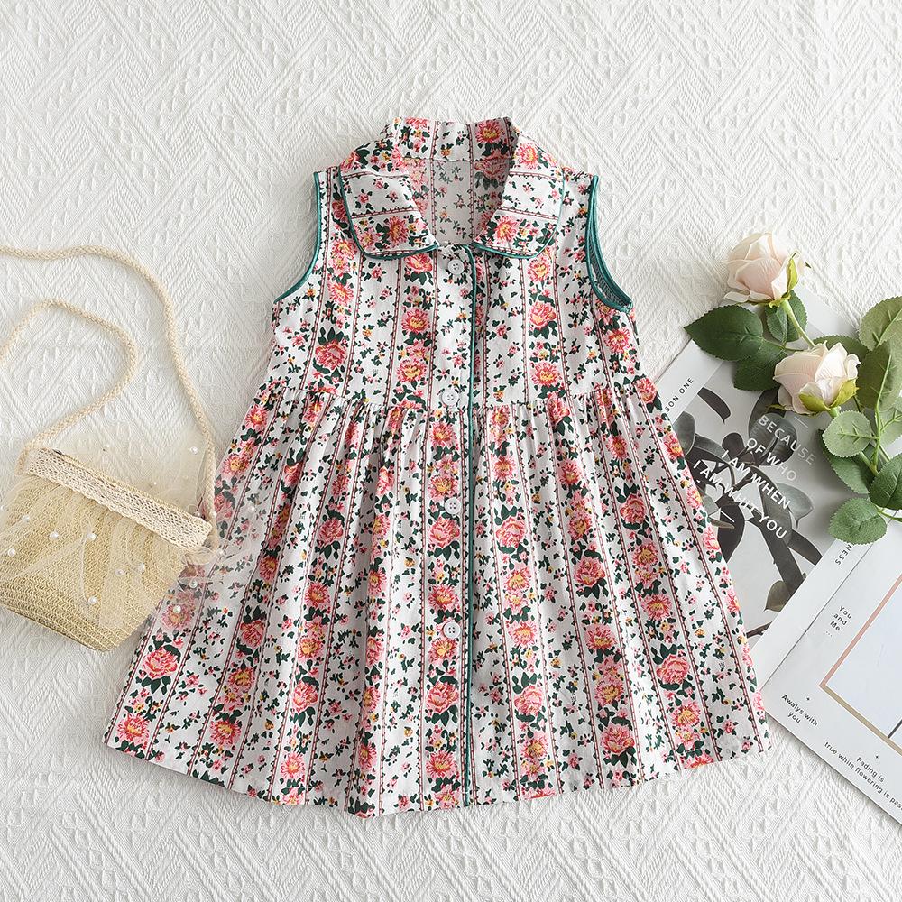 Girls Summer Floral Sleeveless Collared Vest Dress Elegant Pure Cotton Baby Girl Casual Dress For Kids 90cm