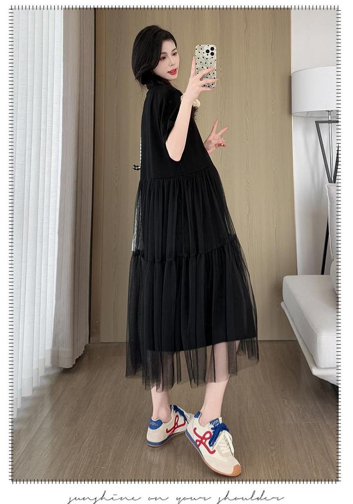 2026 Korean Style Summer Mesh Patchwork Maternity Dress