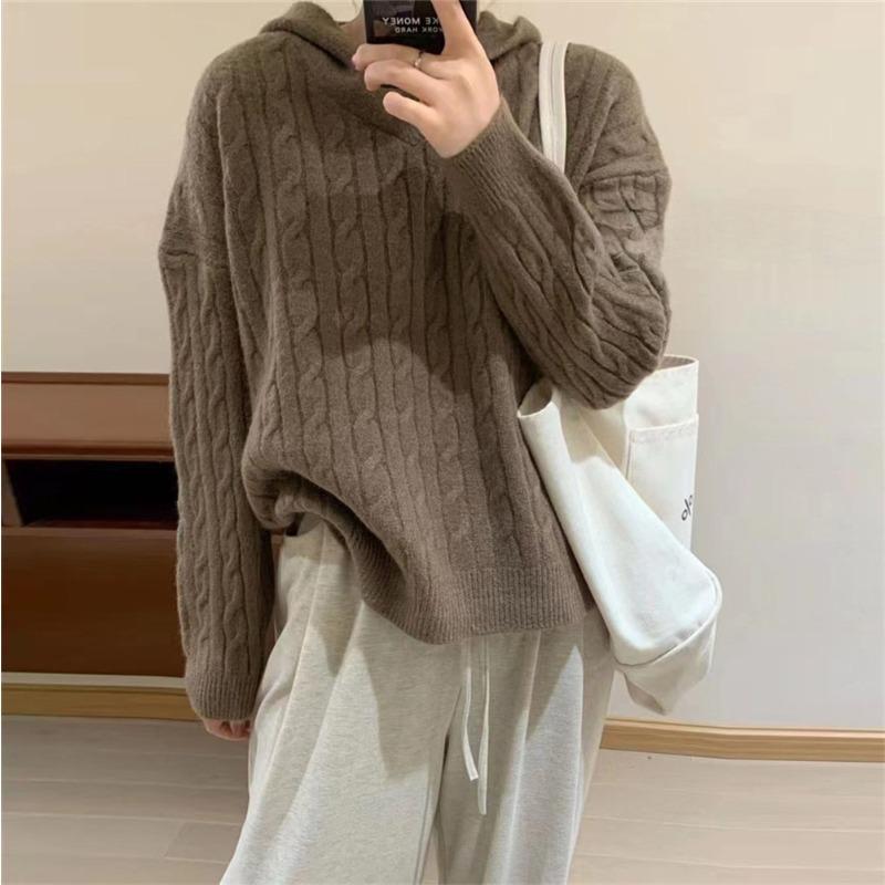 Hooded Twist Knitted Sweater Top Women's Clothing Autumn and Winter New Casual Versatile Loose Pullover Sweater Women