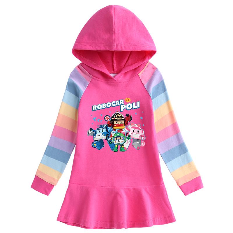 Spring & Autumn Ruffle Cartoon Rainbow Hooded Long Sleeve Princess Dress for Girls