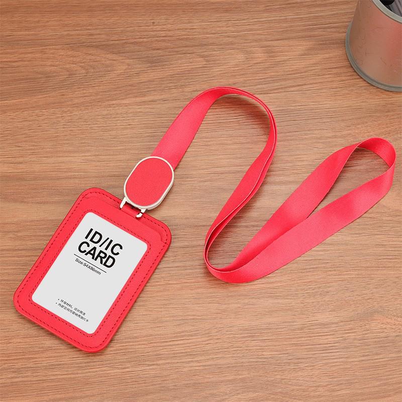 Durable Leather ID Card Holder with Retractable Lanyard, Waterproof, Dual-Orientation Use