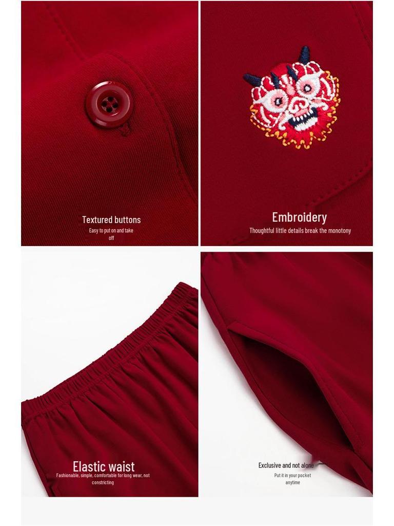 Rote Jahr des Drachen Lyocell Baumwolle Paar Pyjamas: Kurzarm, Lange Hose, Lässiger Cardigan für Zuhause oder Draußen