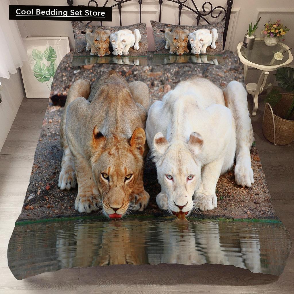 Comforter Lion Tiger King Queen Lovely Wild Animals Bedding Set For Kids Teens Adults Wildlife Grey Black 2/3Pcs