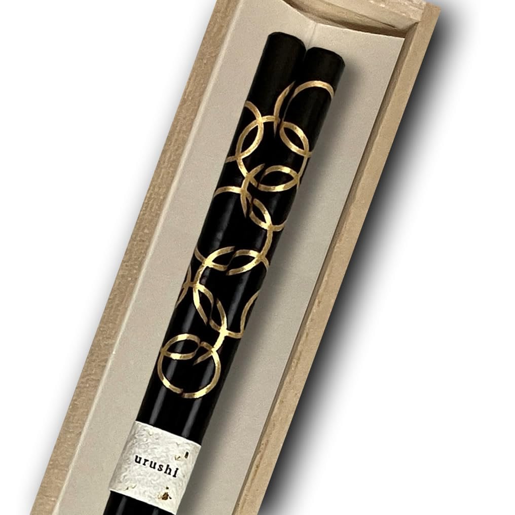 Hashimoto Kosaku Lacquerware Shop Gold Ring Black Noto Hiba Lacquer Chopsticks, Lucky Charm, 1 Pair, in Paulownia Wood Box, Wajima, Japan, 23cm, Light