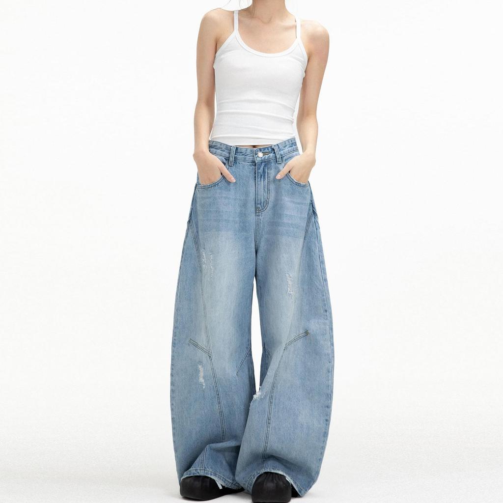 2025 American Retro Women’s Wide-Leg Ripped Jeans - Trendy Loose Mop-Style Trousers