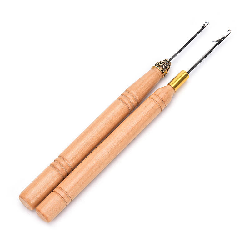 Wood Handle Feather Hair Extension Kit Thread Hook Needle Pulling Tool Salon Diy