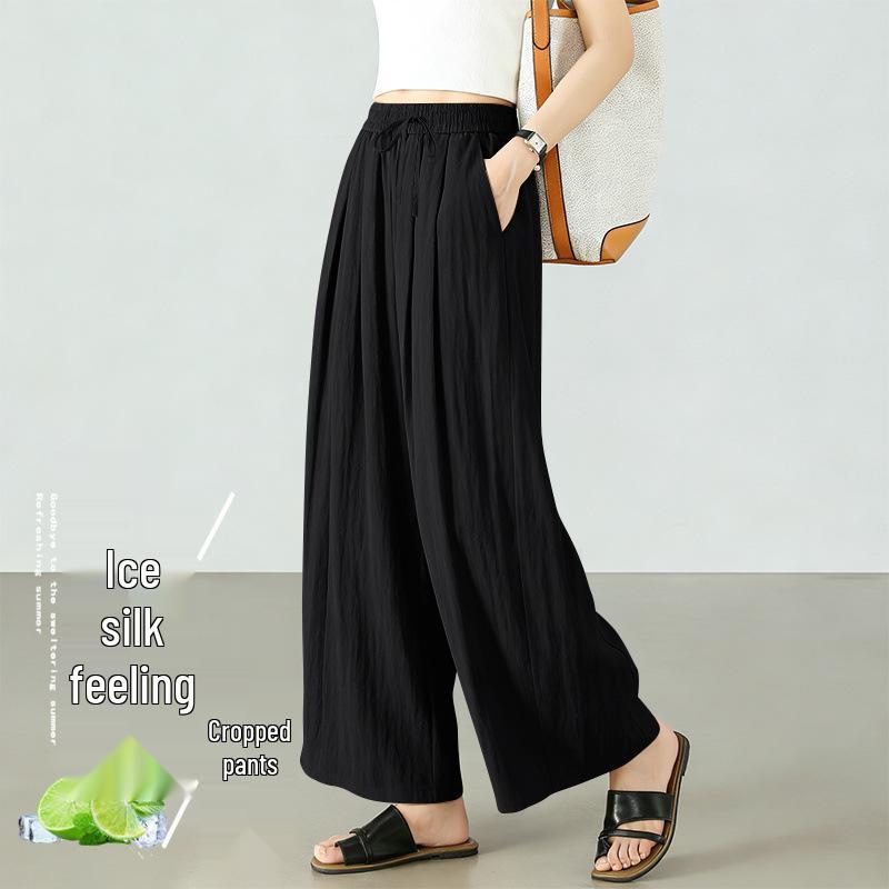 Women's Summer Ice Silk Cropped Loose-Fit Plus Size Pants, Elastic Waist & Petite 8-Point Casual Thin Pants