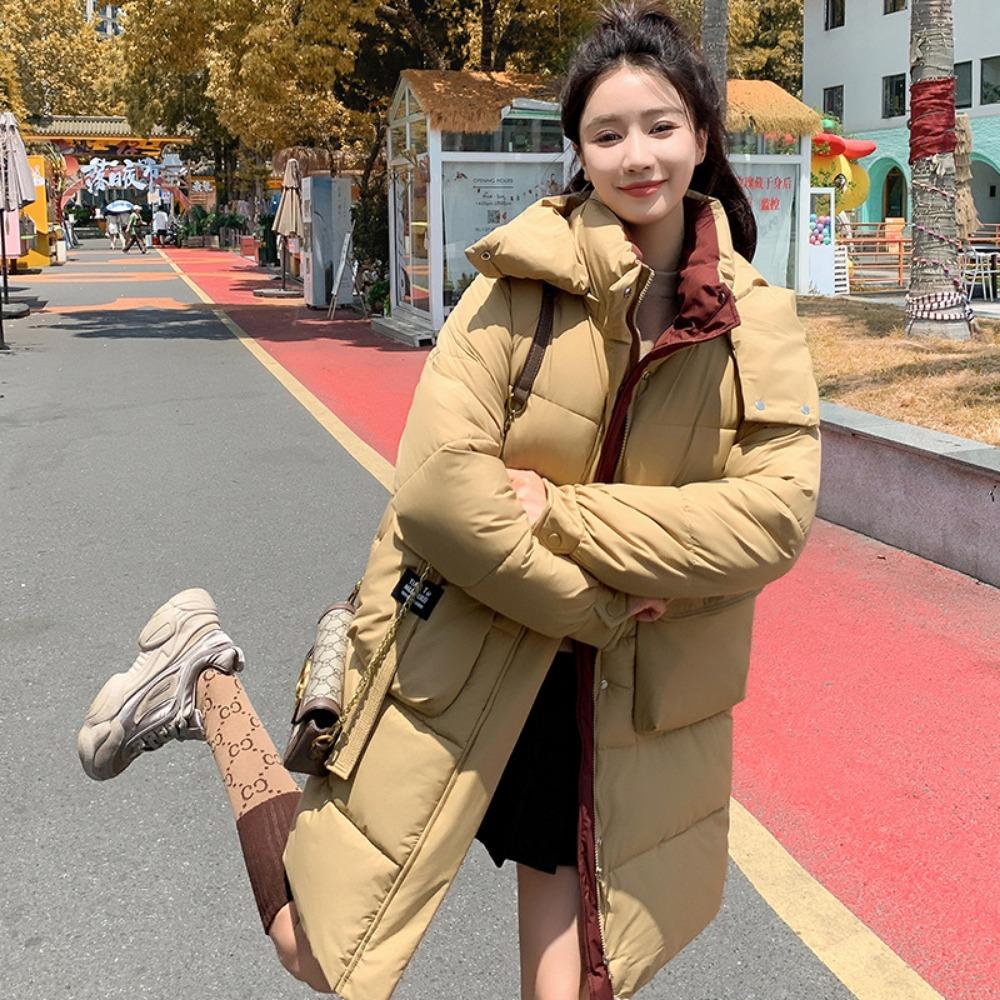 Winter new Korean version hooded medium and long contrasting colors loose thickened padded jacket jacket padded coat women