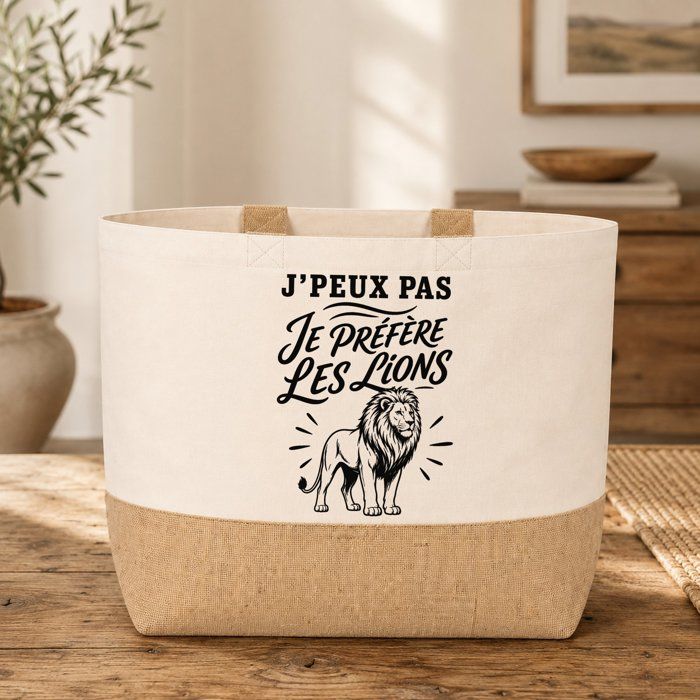 Sac J’peux pas je préfère les Lions J'peux pas minimaliste | Cabas en Coton avec Fond Jute 18 L 48 × 37 × 13 cm | Marché Shopping