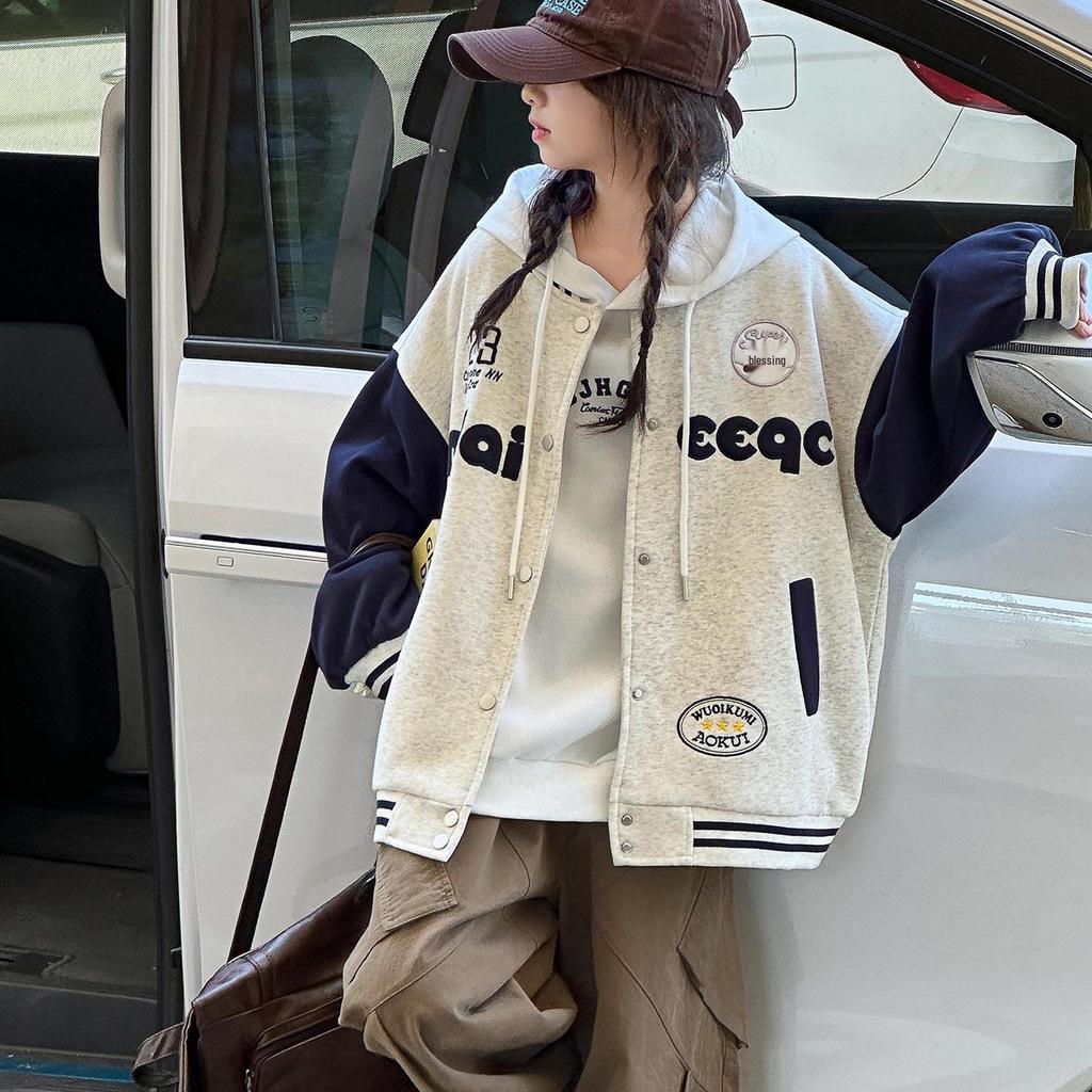 Girls' 2025 Korean Style Sporty Baseball Jacket - Fashionable Autumn/Spring Coat for Big Kids