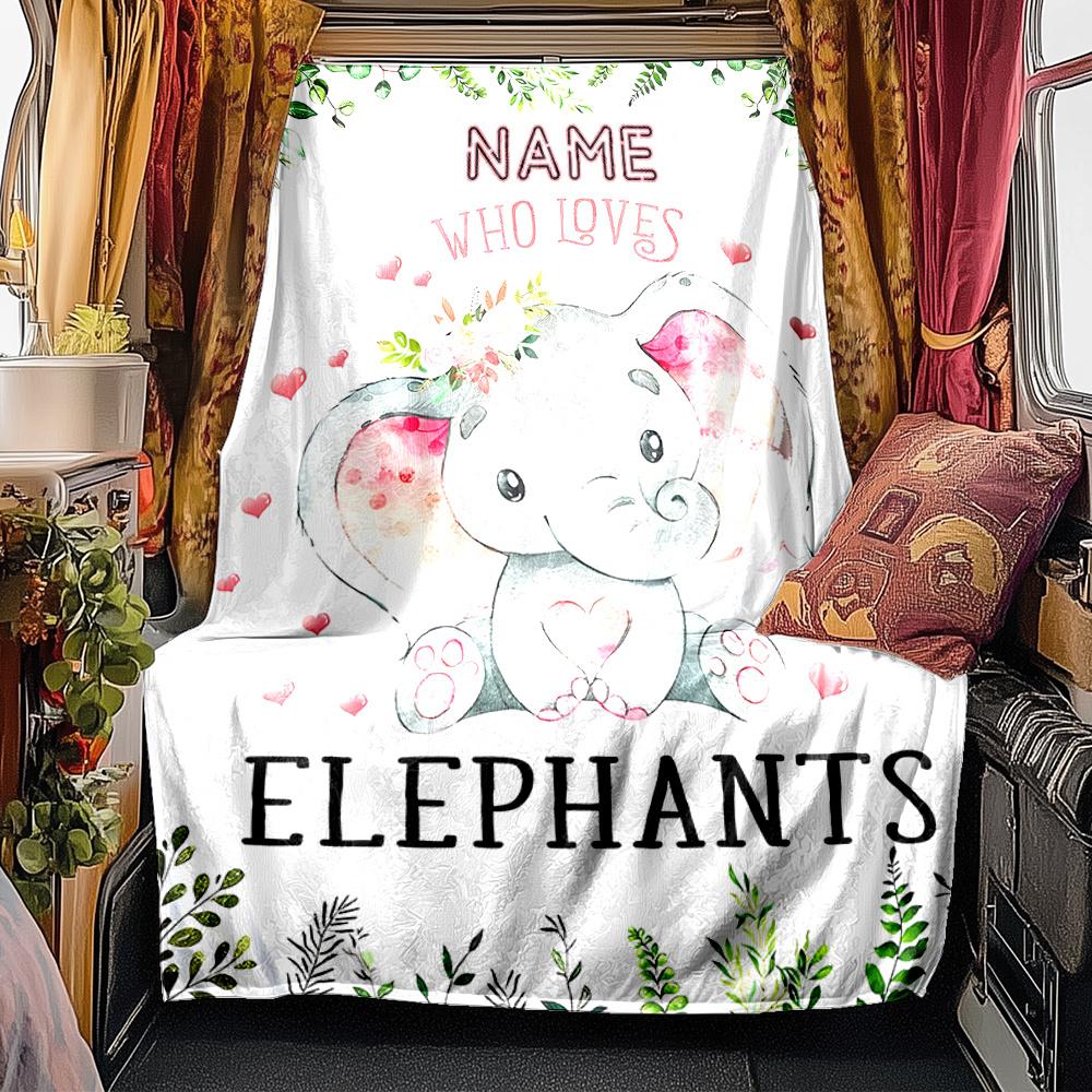 Adorable Elephant Artwork With Hearts And Leaves Blanketcustomize Your Name Lightweight Comfortable And Stylish Blanket For Travel Bed Home Chair