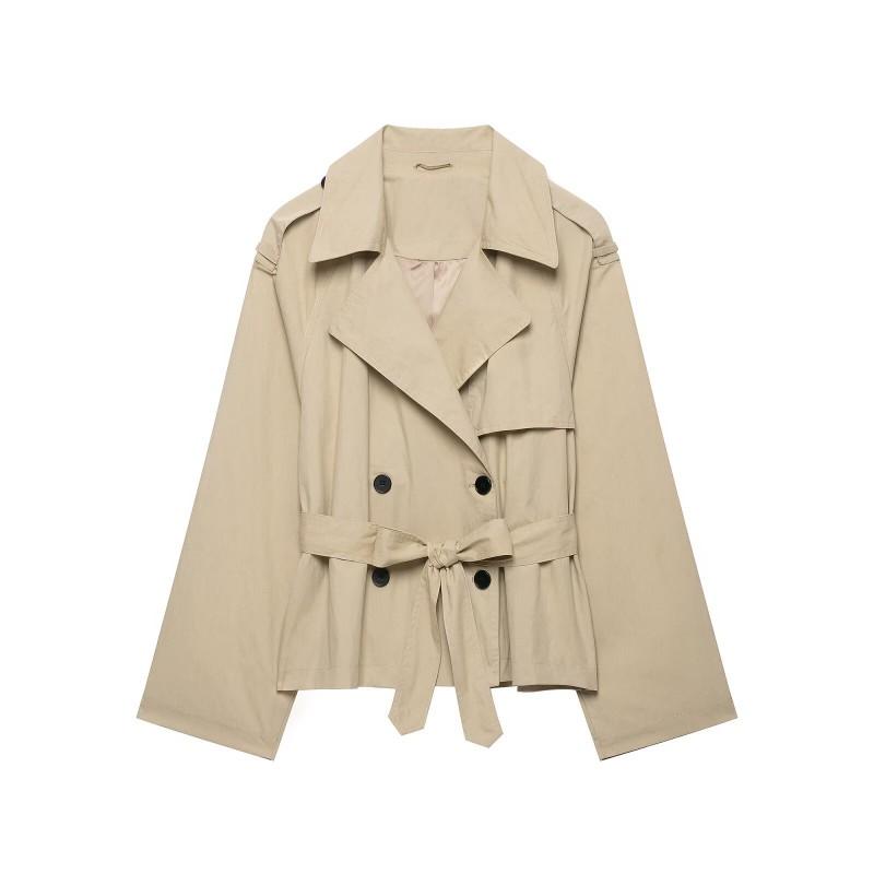 ZA Style Womens Fashion Double-Breasted Belted Padded Shoulder Short Trench Jacket Coat