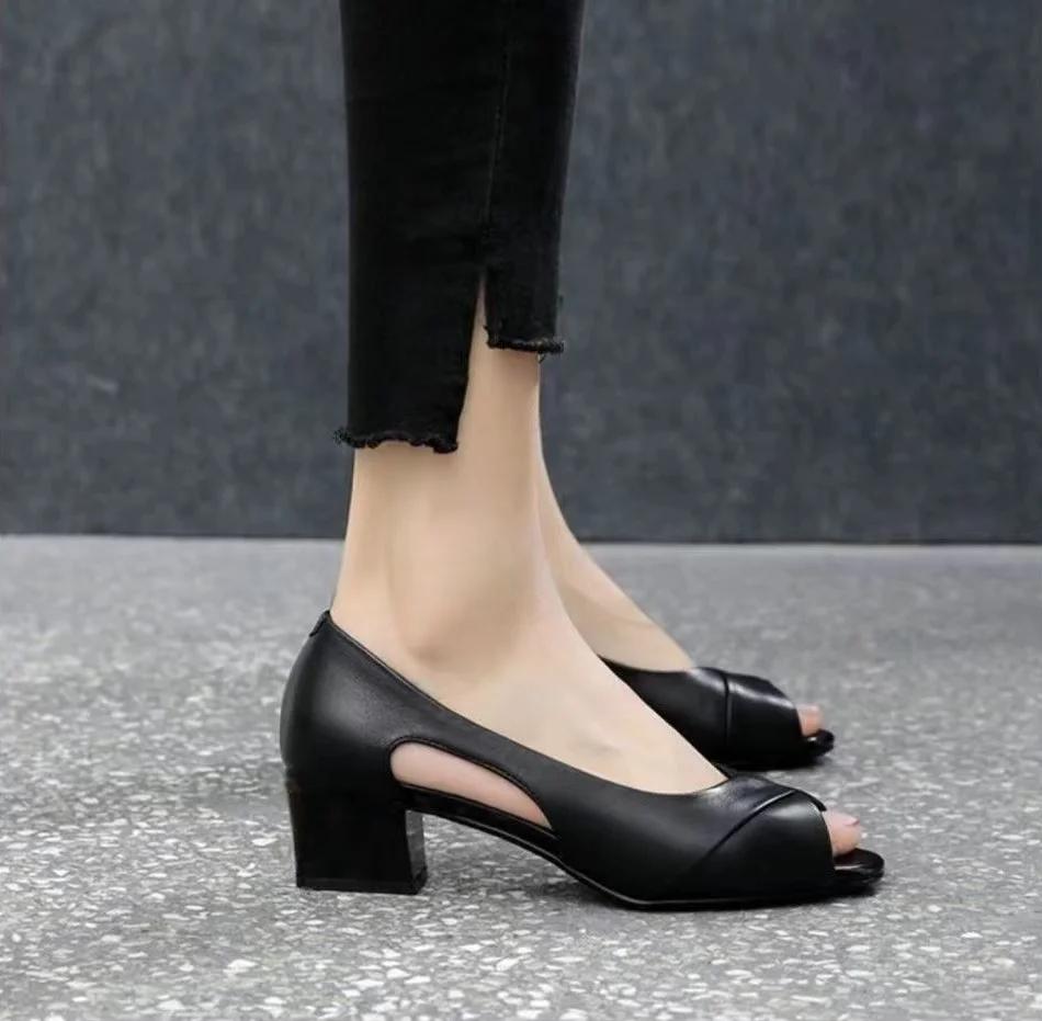 Fashion Leather Summer 2024 Outdoor Open Toe Thick Heel for Office Work Ladies Shoes Footwear with Medium Heels Black Sandals Women Sale