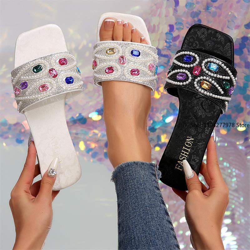 Fashion Female Bling Luxury Slippers Women's Rhinestone Wide Strap Square Toe Slippers Flip Flops Flat Sandals Ladies Slippers Shoes