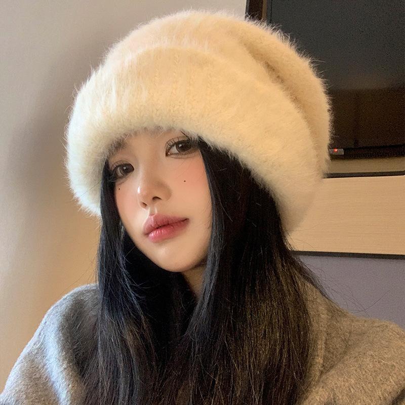 Thickened Rabbit Wool Hat In Autumn and Winter Sweet and Versatile Warm Hat Showing Face and Ear Protection Piles
