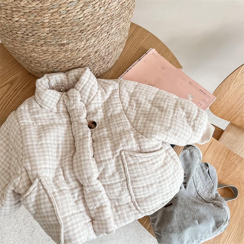 Girls Winter Thickened Cotton Coat Long Sleeve Round Neck Plaid Top