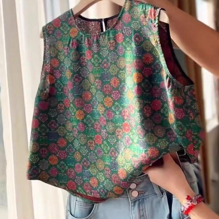 Fashion Retro Green Printed Sleeveless Vest Women's 2025 New Unique Beautiful and Thin Shirt