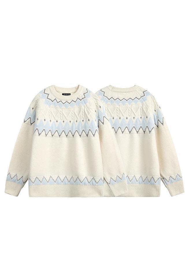 White Fair Isle Retro Women's Pullover - Autumn/Winter Korean Style, Soft Round Neck Loose Knit Sweater