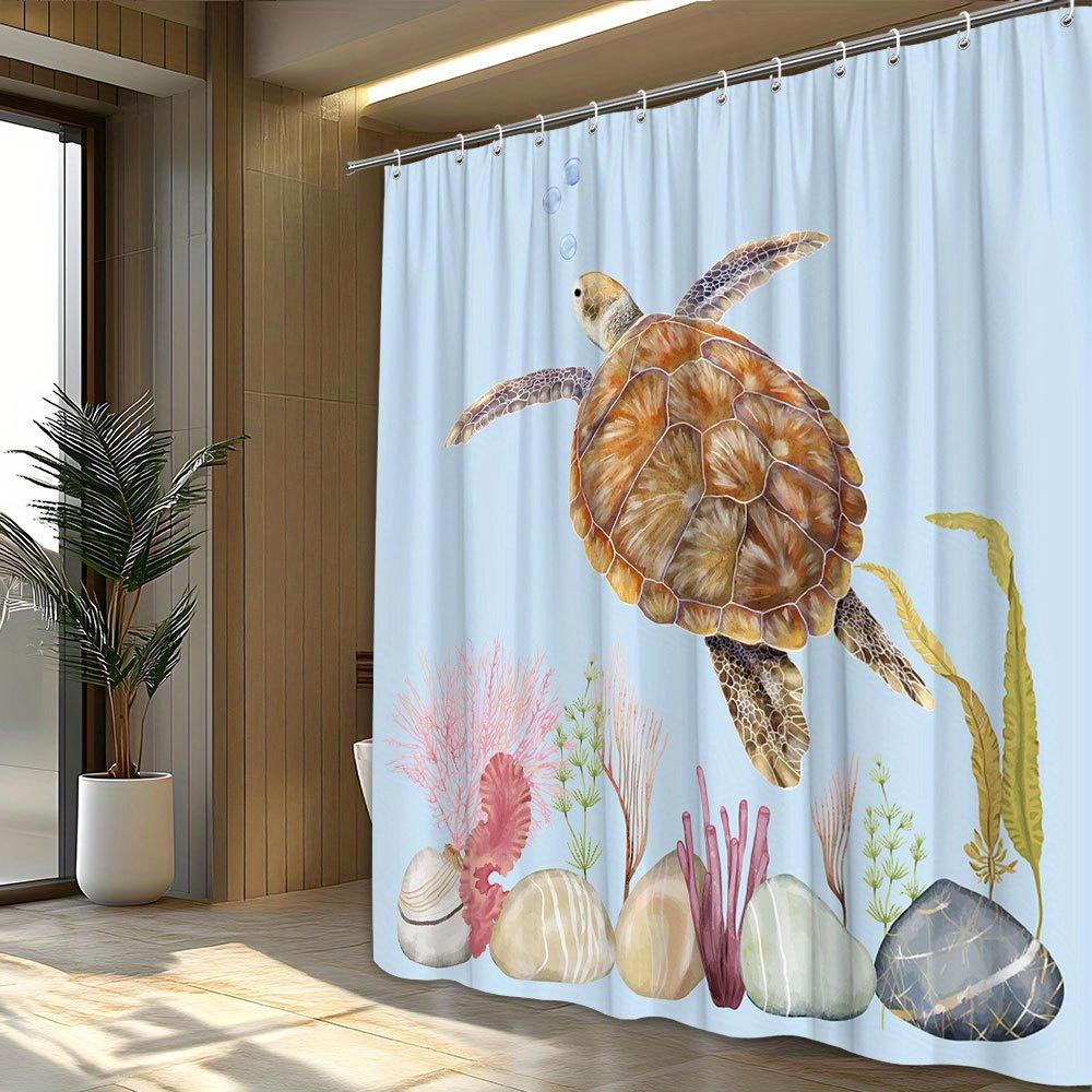 1pc Ocean-Themed Shower Curtain - Sea Turtle & Coral, Polyester, Machine Washable, Woven Fabric, Bathroom Decor