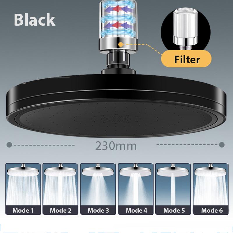 9 inch 6 Modes Big Panel Rainfall Shower Head High Pressure Top Rain ShowerHead Large Flow Supercharge Shower Faucet with Filter