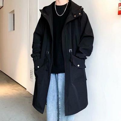 Zippered Long-sleeve Coat for Men Streetwear Men's Trench Coat with Hood Mid-length Big Pockets Windproof Anti-wrinkle Zipper