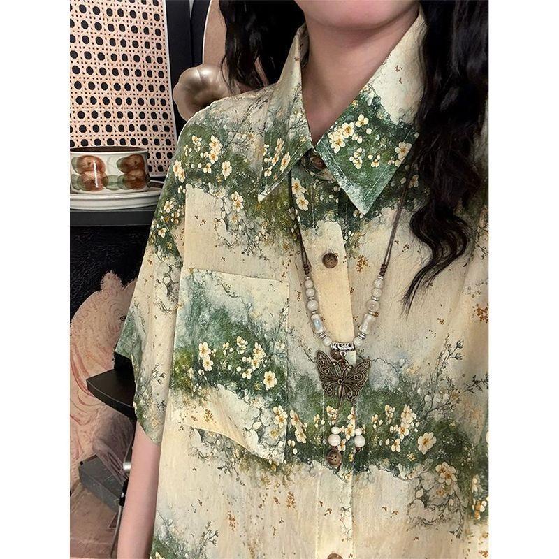 

Green Printed Short Sleeved Shirt Fashionable Contrasting Color Design Casual Bloues Japanese Retro Artistic Lady Tops S