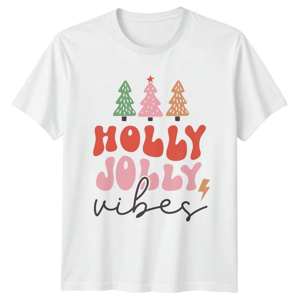 Holly Jolly Vibes Christmas Holidays Unisex Unisexs Graphic Tee Retro Trees S