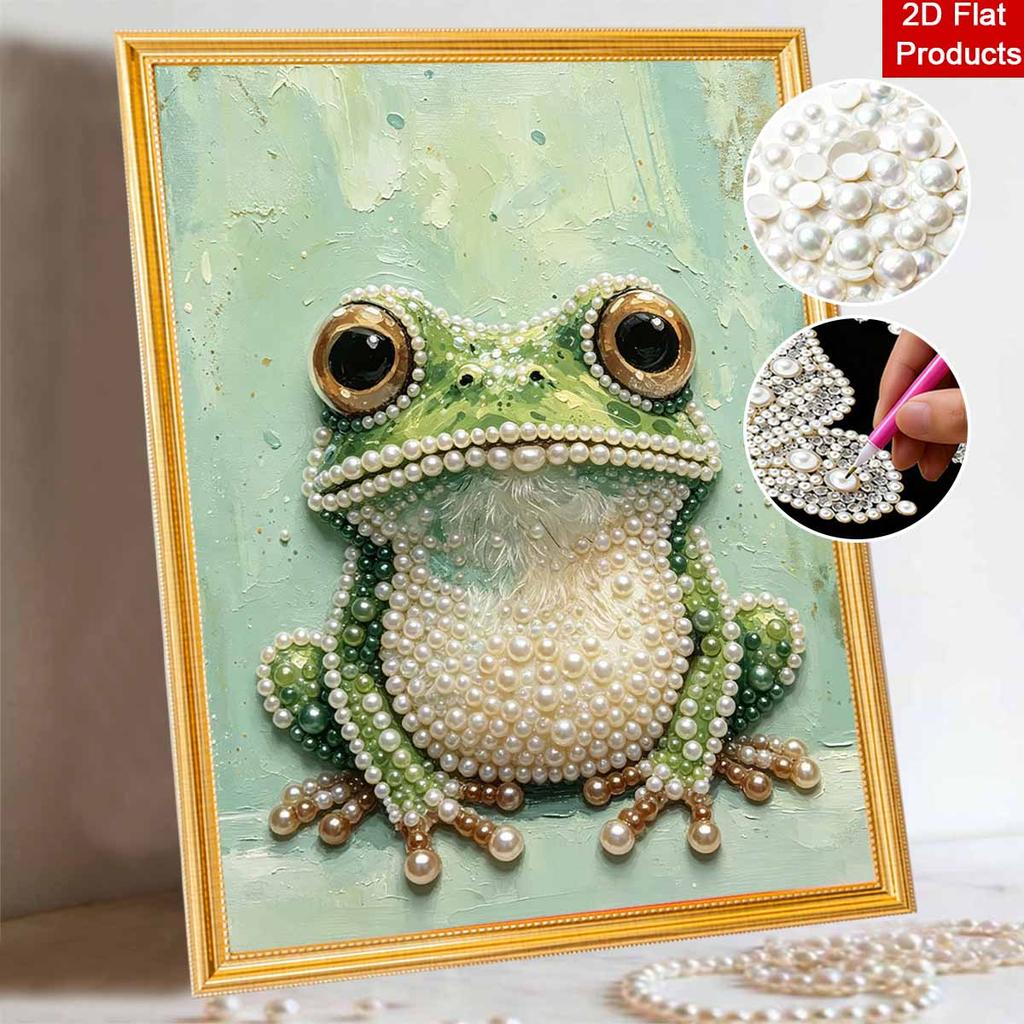 Elegant Framed Pearl Art DIY Set with Cute Green Frog Design 5D Sparkling Bead Canvas Painting Ready to Display Romantic Home Decor Gift