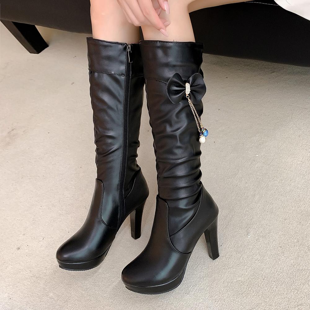 Fashion Women Winter High Boots Sexy High Heels Platform Knee High Boots Ladies Fashion Beaded Zipper White Black High Boots Shoes