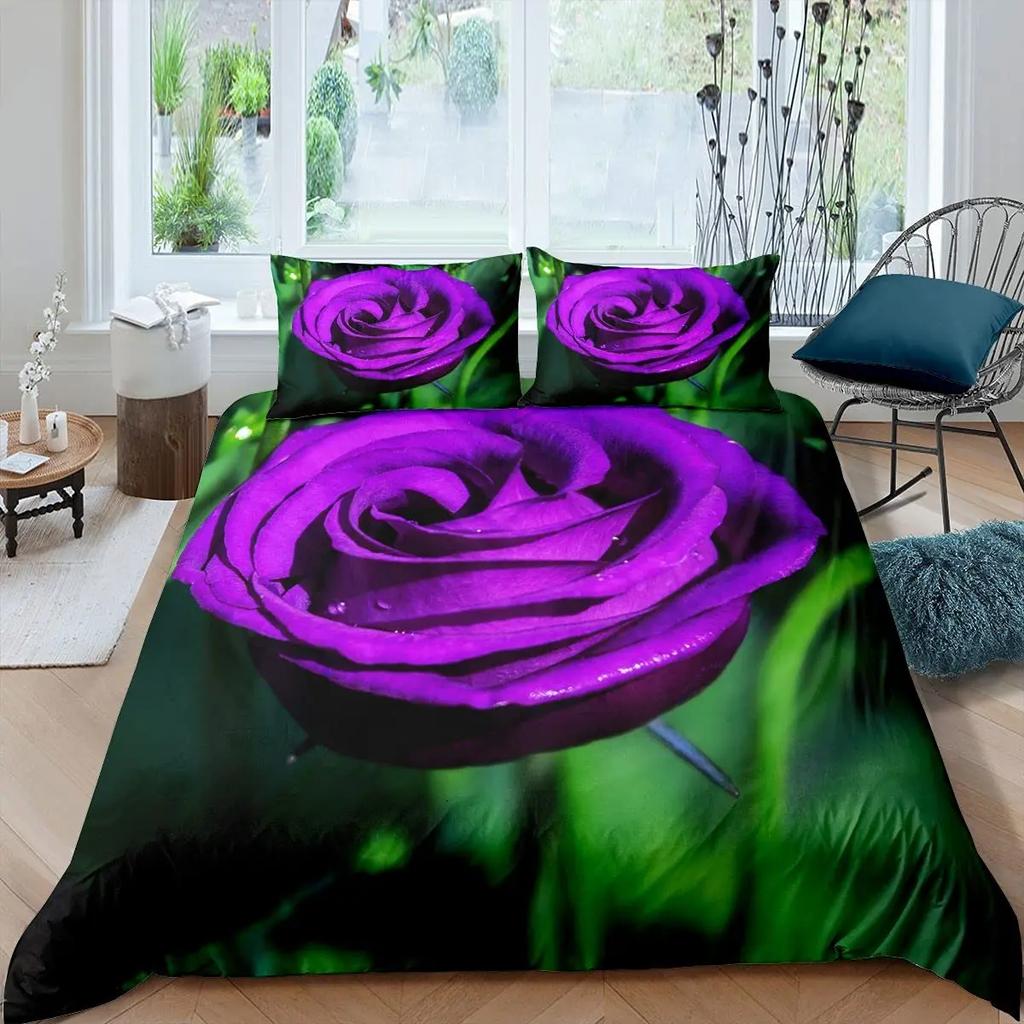 Purple Rose King Queen Duvet Cover Beautiful Butterflies Flowers Bedding Set For Teen Adults Floral 2/3Pcs Polyester Quilt Cover