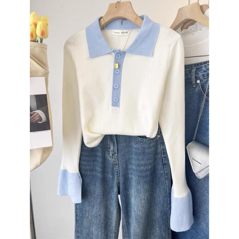 

Женский осенне-зимний свитер с лацканами поло, базовая рубашка, трикотажный свитер облегающего кроя, контрастного цвета, для ношения под низ average size бежевый