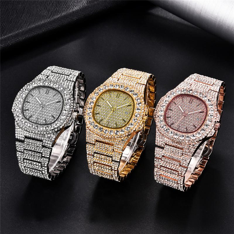 Men Hip Hop Full Diamond Luxury Brand Watches Fashion Alloy Band Golden Date Quartz Vintage Watch Montres De Marque De Luxe