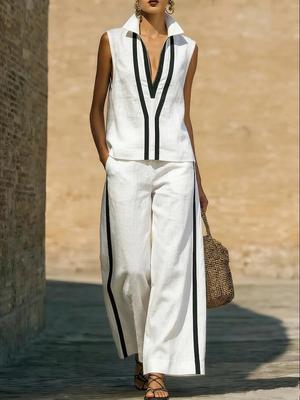 Summer Light Luxury European Style Women Contrast Color Sleeveless Tank Set Trendy Elegant
