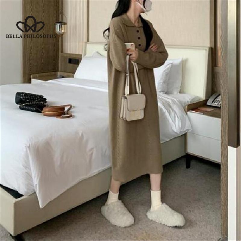 Rochie tricotată cu rever în stil coreean lung în stil leneș 2024, primăvară, toamnă, design nou, pulover, rochie de bază