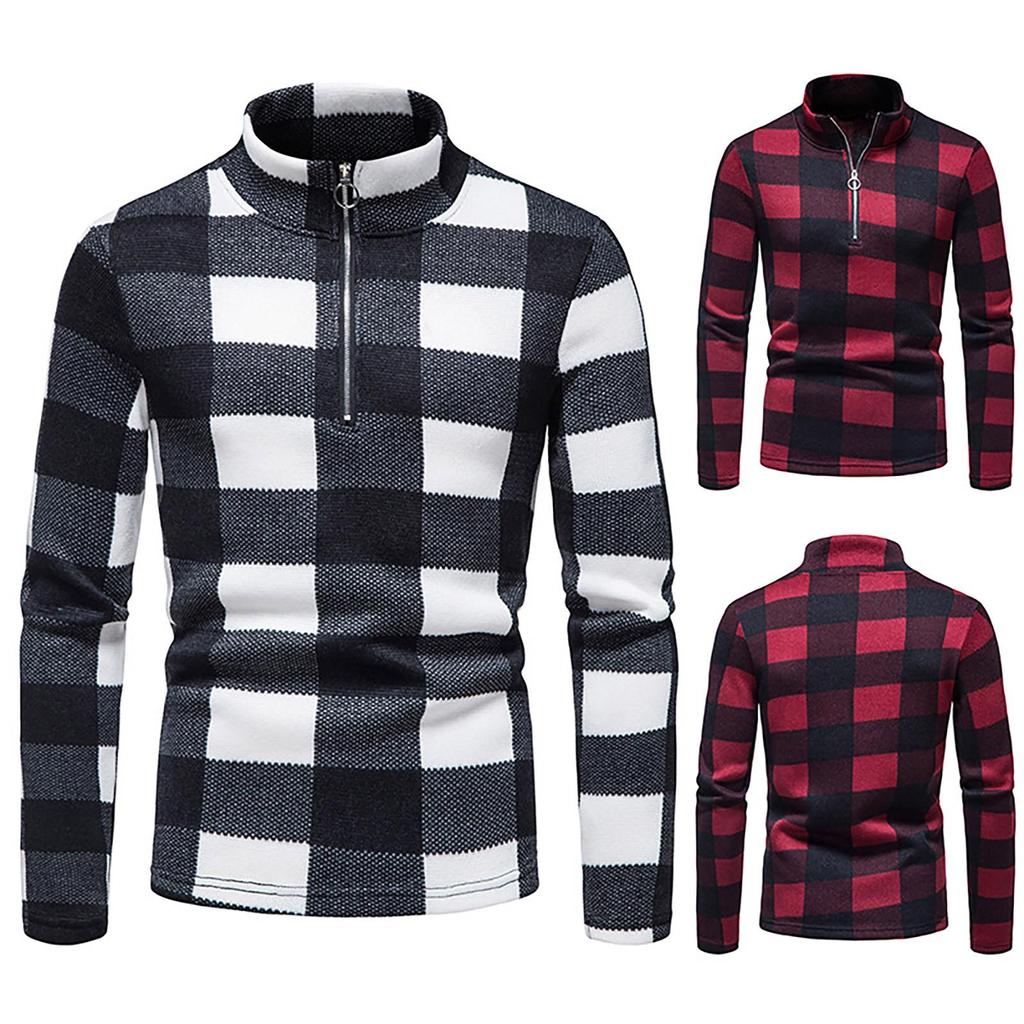 Men's  And Winter Stand Collar Plaid Sweater Zipper Bottomed Shirt Knitted Pullovers
