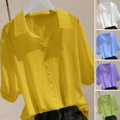 Damen Sommer Shirt Tops Reverskragen Halbarm Bluse Einfarbig Loose Fit Knöpfe Dekor Pullover