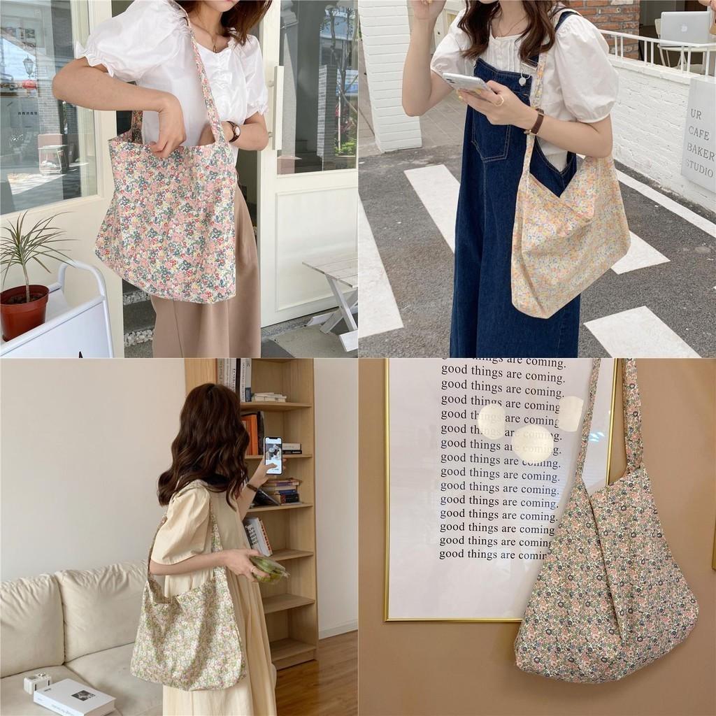 Trendy Korean Style Floral Canvas Tote Bag For Daily Use Medium Size Soft Handle