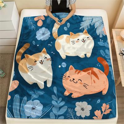 Flat Style Cat  Print Flannel Blanket, High Quality Comfortable for All Seasons, Home Decor, Warmth and Comfort