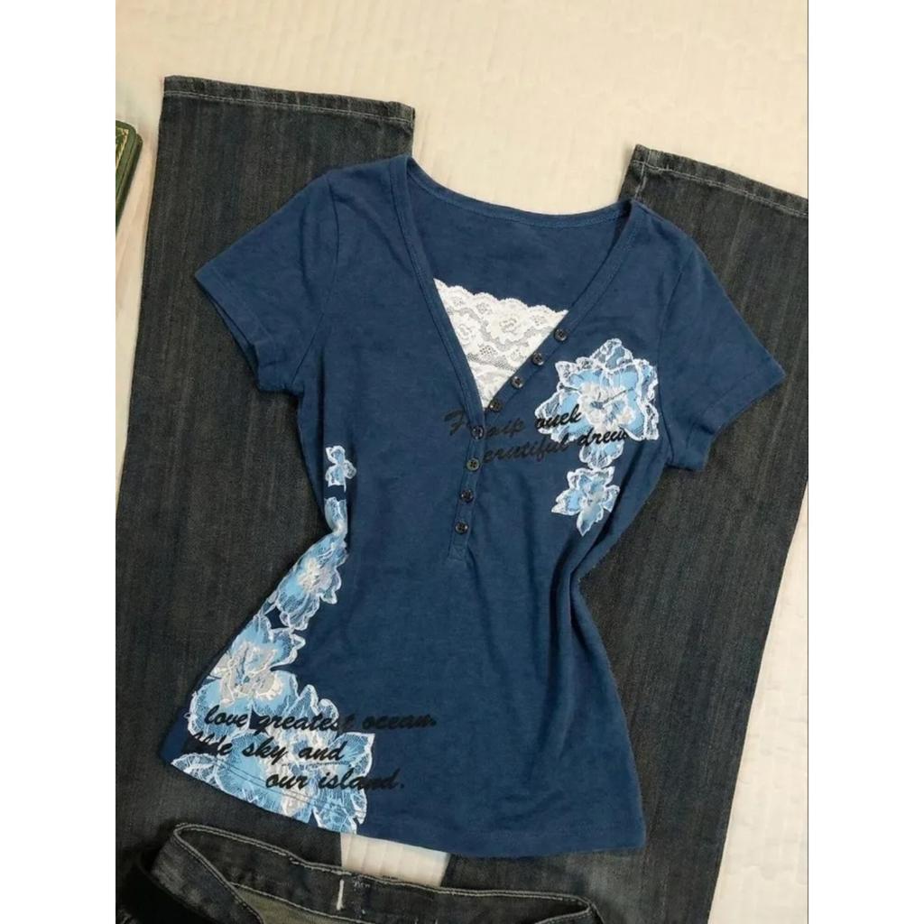 TrendHub Women American Vintage Flower Print T-shirt Summer Grunge Retro Slim Fit Tees Y2K Harajuku Grunge Short Sleeve Hot Girl Tops New