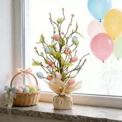 Pre-lit Easter Egg Tree with Burlap Base Battery Powered Easter Birch Tree with LED Light Tabletop Centerpiece for Home Table Spring Party Decoration