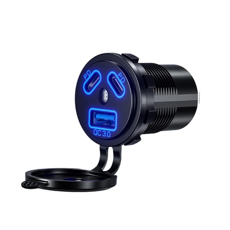 Double PD45W Fast Charging Car Charger Socket with LED Light Waterproof USB QC3.0 Charger Adapter for 12V/24V Car Boat