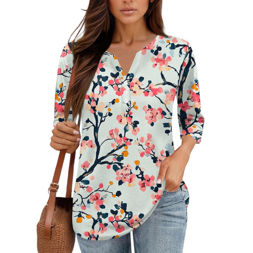 Damen V-Ausschnitt Freizeit Dreiviertelarm Knopf-Detail Top mit Blumenmuster