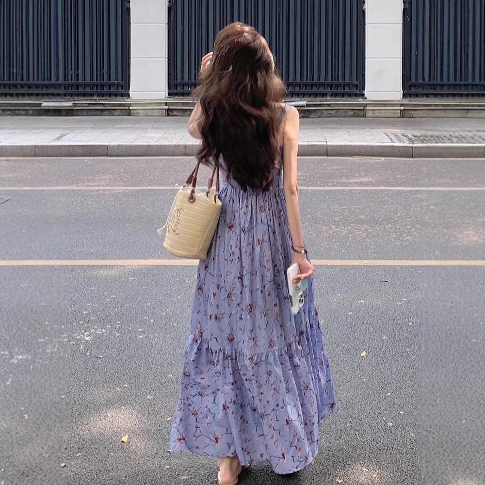 French high-end floral dress women's summer new unique v-neck waist cover meat vacation travel suspender dress
