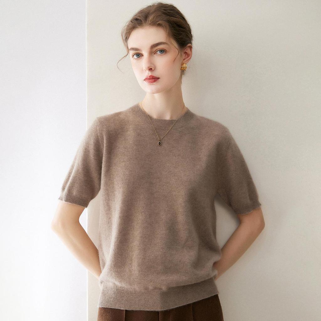 Twelve-Needle Women's Solid Cashmere Knit Pullover: Flat Round Neck, Short-Sleeved, Versatile Design